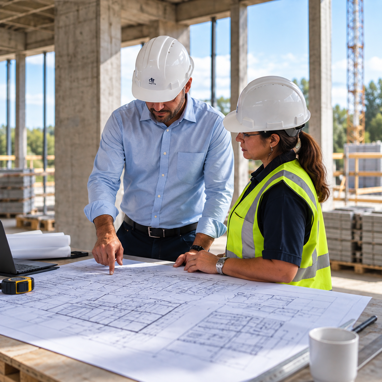 Two people reviewing plans over a large blueprint table.